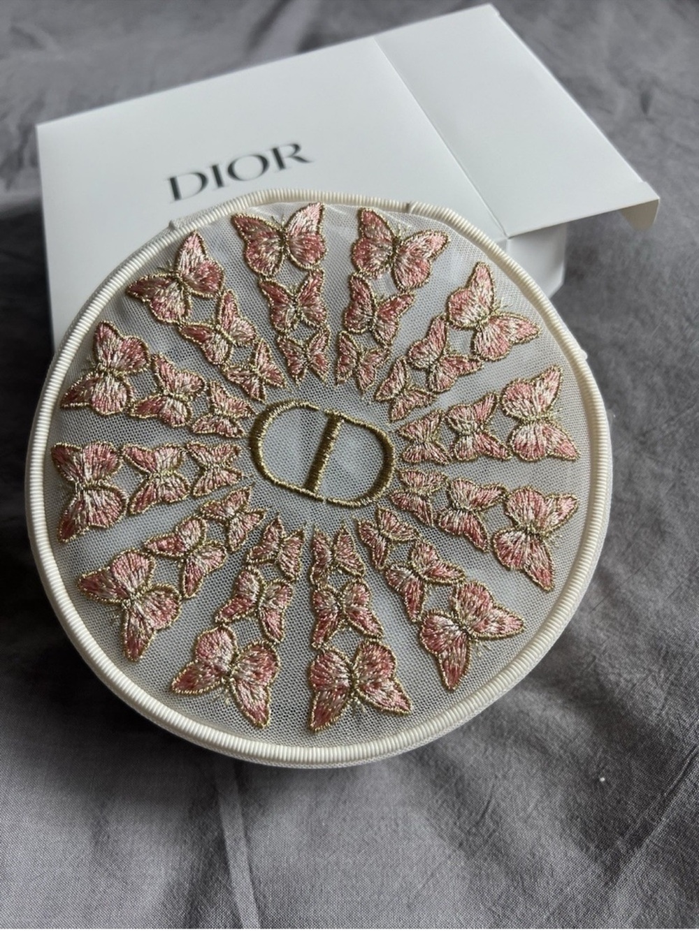 Dior Round Embroidered Butterfly Pouch in Pink, Gold & White